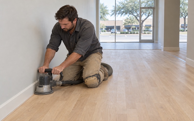Finisher running an edger along the perimeter of an empty North Richland Hills commercial unit where the white oak floor meets a painted base.