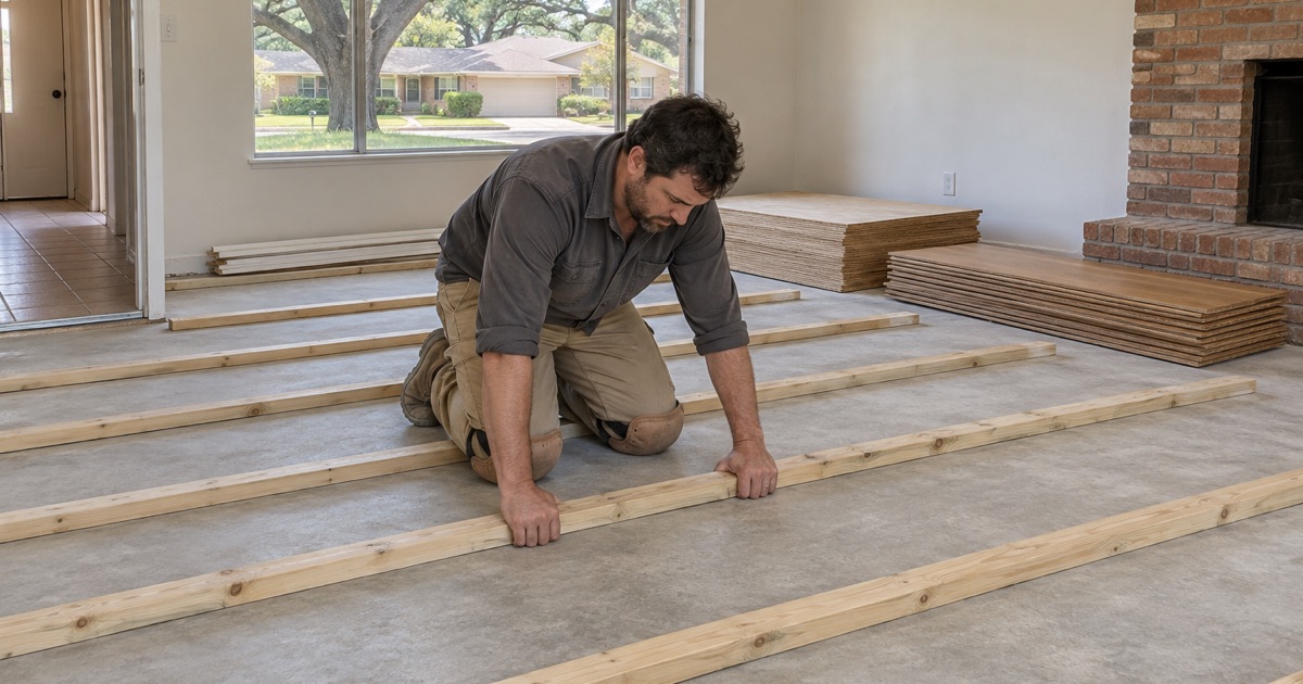 Installer bedding a sleeper batten down onto a conventionally reinforced Irving slab, the system that lets a floor be fastened where the concrete allows it.