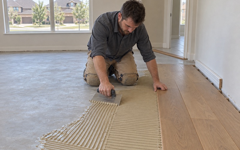 Installer spreading adhesive across a bare North Richland Hills slab with a notched trowel before engineered oak goes down, with nothing fastened into the concrete.
