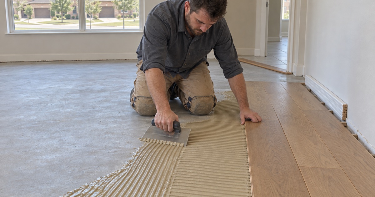 Installer spreading adhesive across a bare North Richland Hills slab with a notched trowel before engineered oak goes down, with nothing fastened into the concrete.
