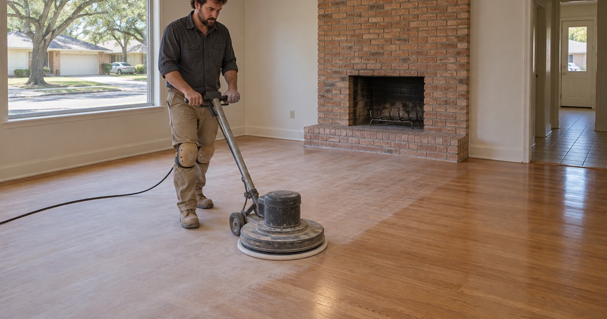 Finisher screening a red oak floor with a buffer between coats in a 1960s Fort Worth house, the first coat already down and even.