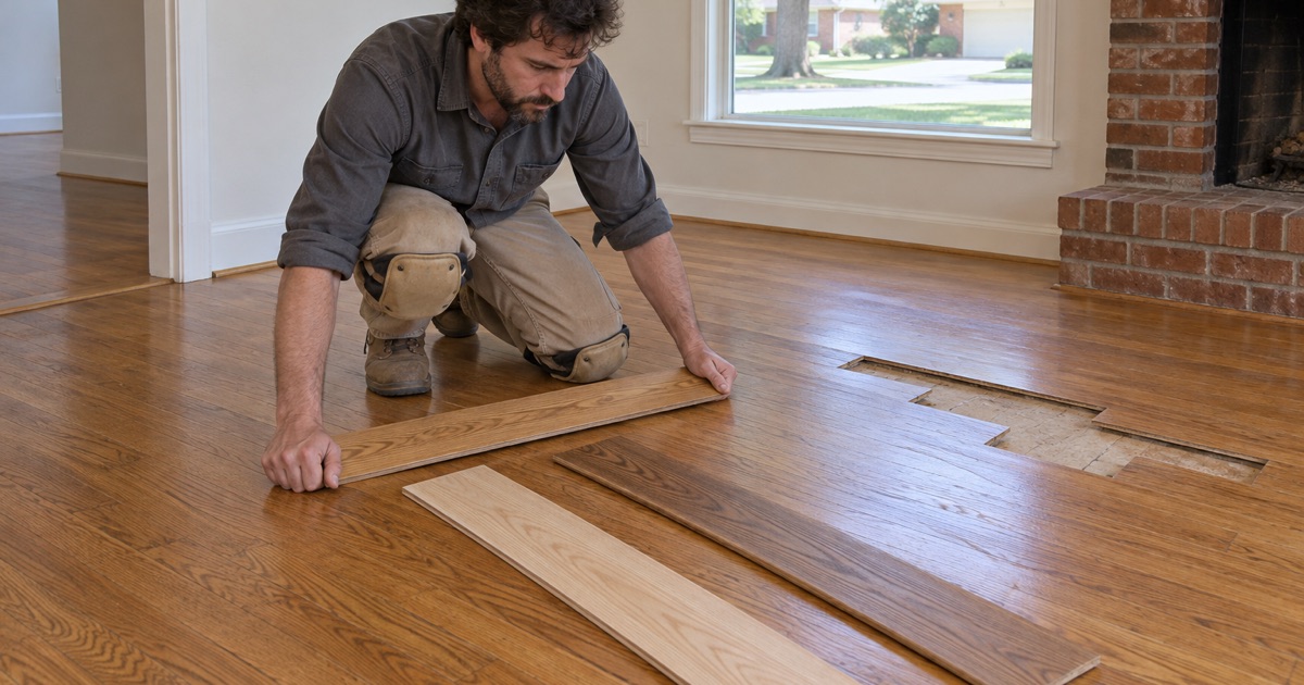 Worker holding a candidate replacement board down against an existing white oak run in an Arlington house to judge the color match, two rejected boards fanned beside it.
