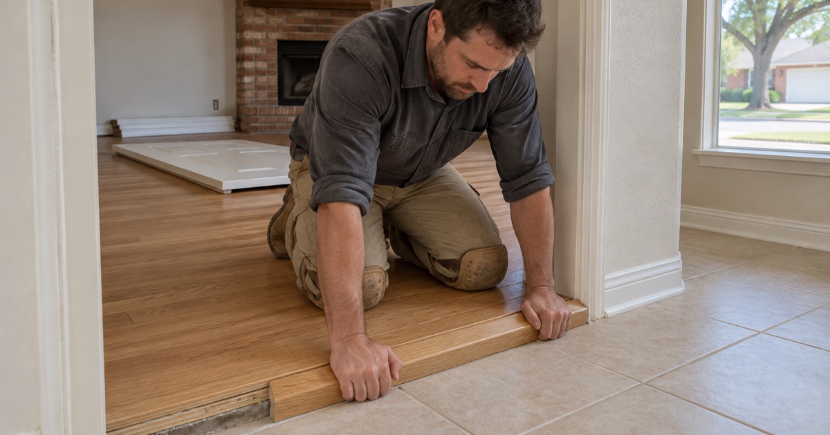 Installer seating a solid oak reducer at a Carrollton doorway where a built-up solid floor steps down to the hall tile.