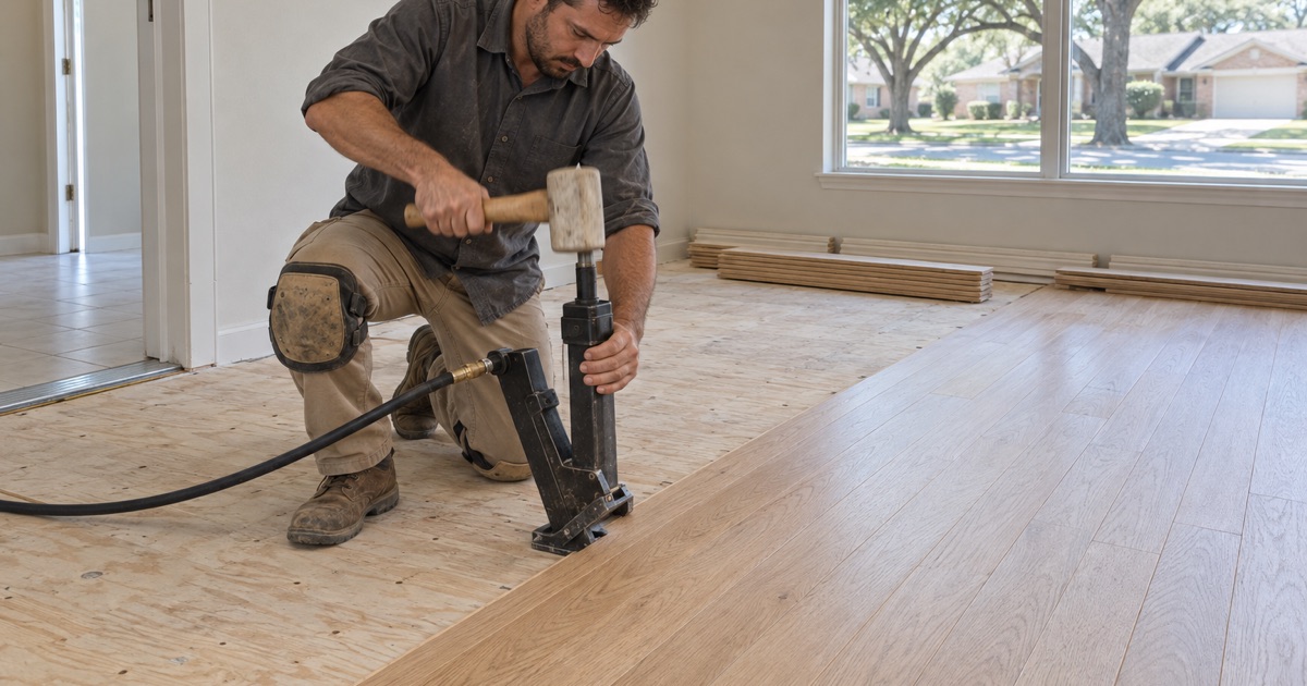 Installer striking a flooring nailer seated on the tongue edge of a white oak board in a North Richland Hills room.