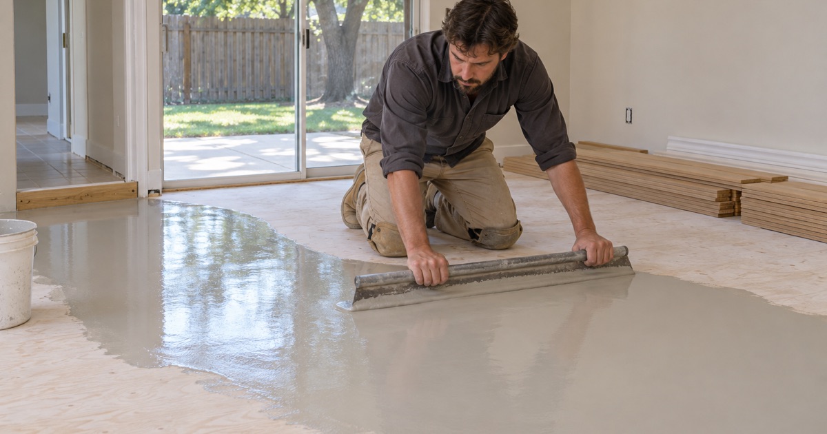 Installer drawing self-leveling compound out across a Grand Prairie subfloor with a smoother, the poured area feathering to nothing at its edge.