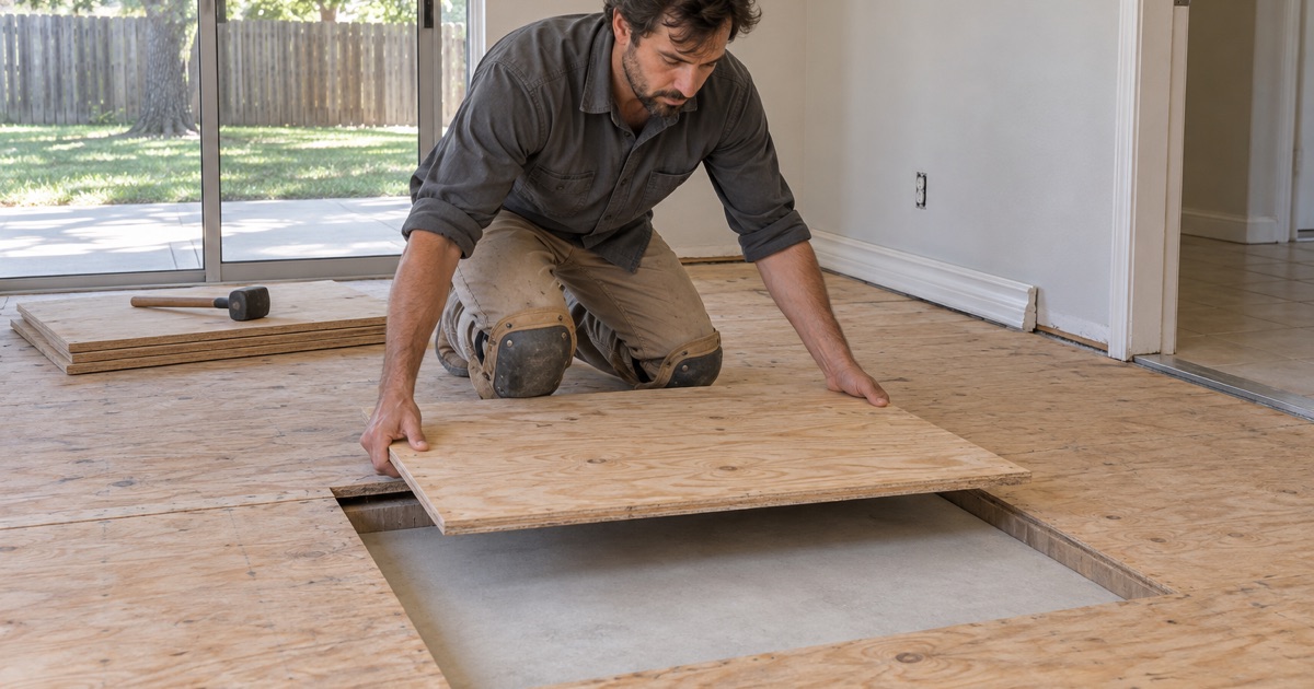 Installer lowering a new plywood subfloor panel into a cut opening over a North Richland Hills slab before any wood goes back down.