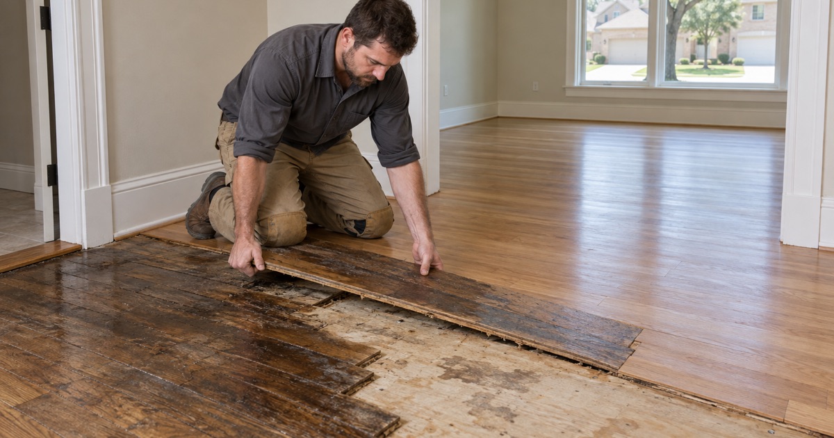 Worker lifting the last wet board at the boundary of a Lewisville water loss, the sound run carrying on through the cased opening into the next room.