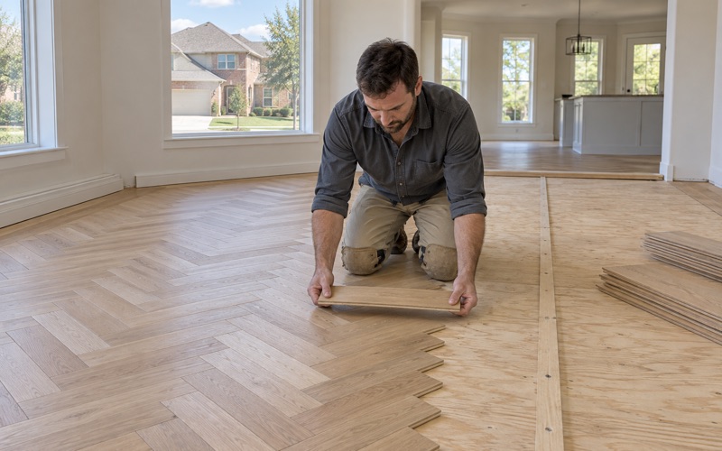 Installer setting a white oak herringbone board to the centerline batten in a North Richland Hills room, the border already framing the field.