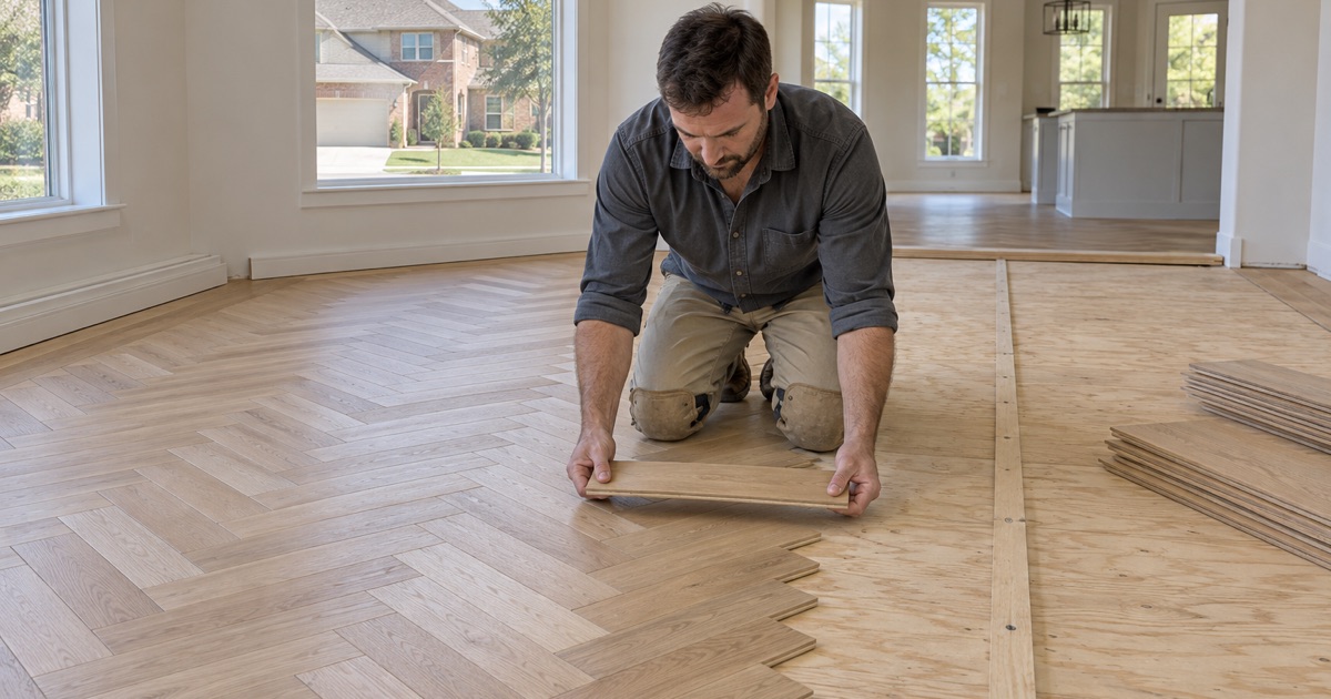 Installer setting a white oak herringbone board to the centerline batten in a North Richland Hills room, the border already framing the field.