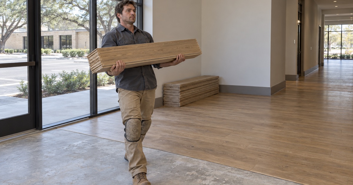 Installer carrying a bundle of engineered oak into an Addison clubhouse lobby, where the new floor runs to a painted base along a corridor.
