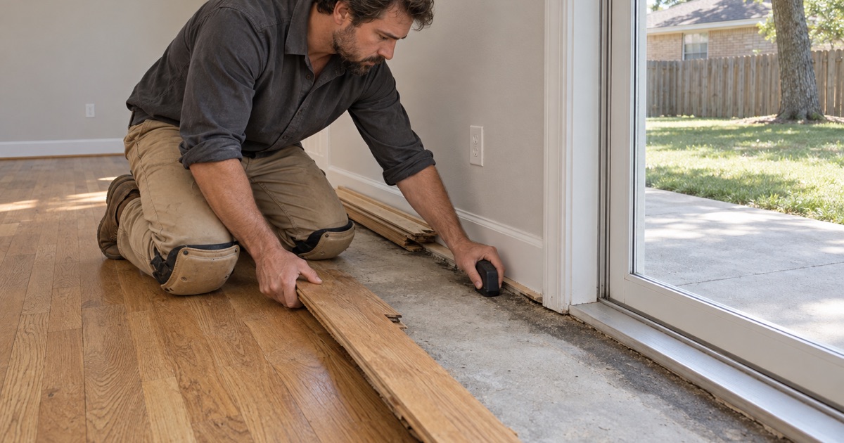 Boards lifted along the exterior wall of an Azle house to read the slab where the water actually arrives, at the threshold and the grade side.