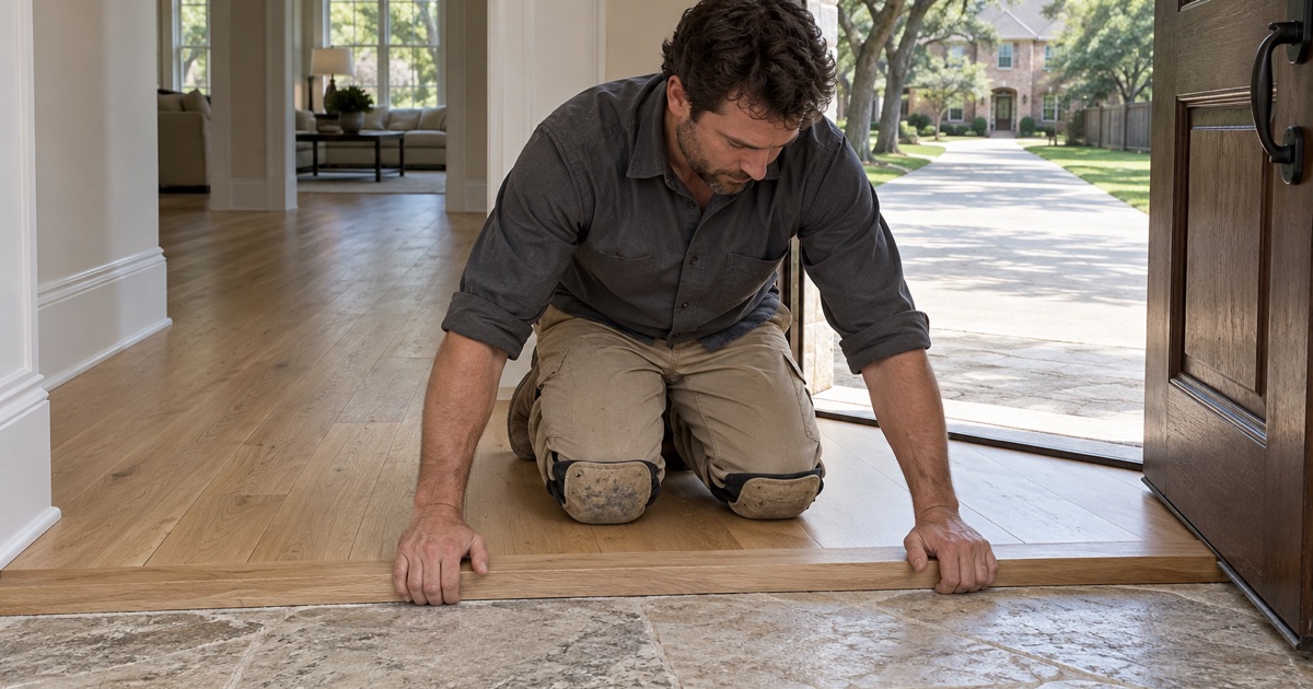 Installer seating a thick oak saddle at a Colleyville front entry where the wood floor meets the stone entry pad, on an acre lot under heavy tree canopy.