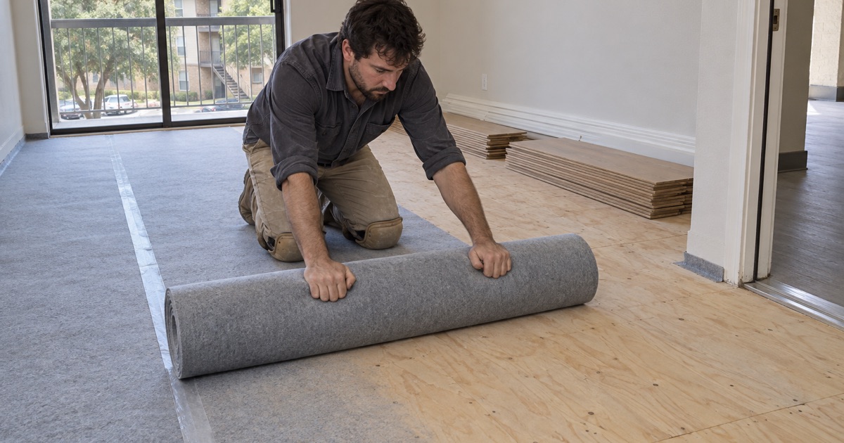 Installer rolling underlayment out across the subfloor of a Euless unit with a household below, the cut edge turned up at the perimeter.