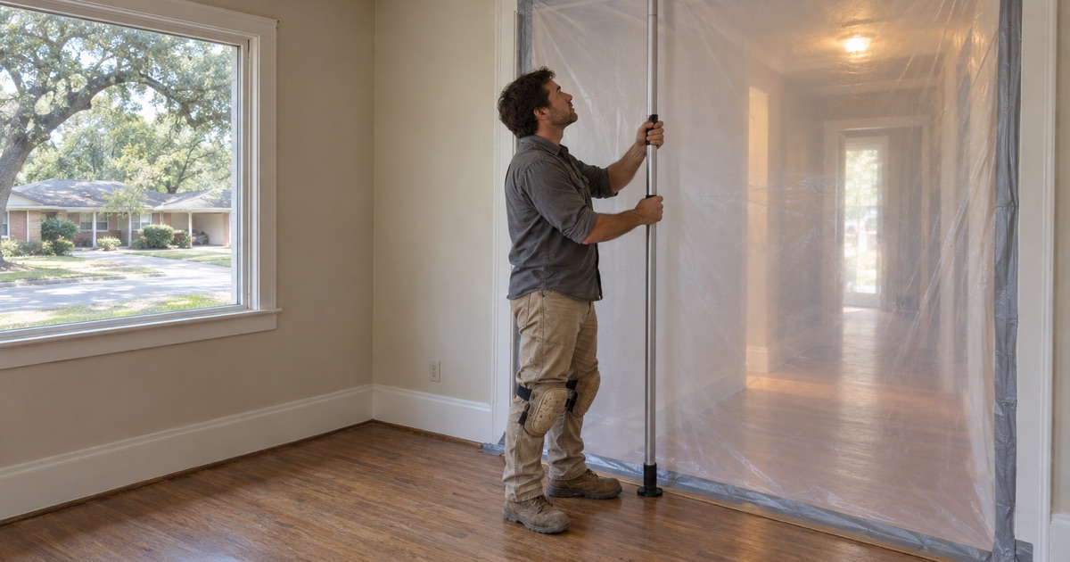 Worker bracing the containment barrier across a Farmers Branch doorway so the sanding job is contained before it begins.