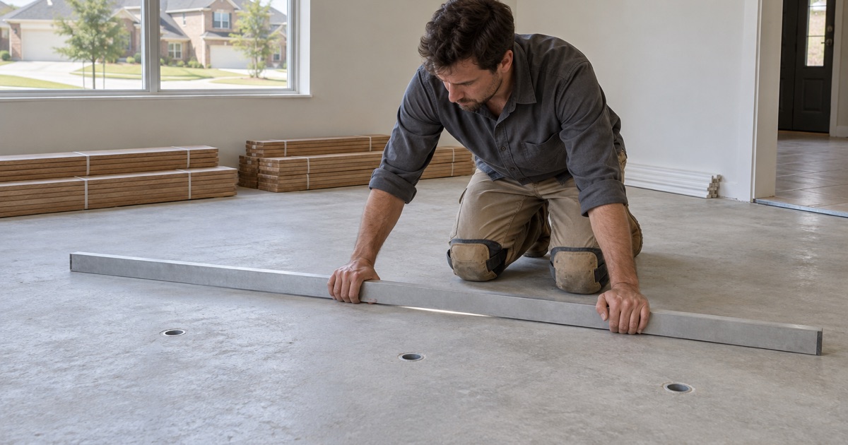 A Haslet slab checked at the house before anything is priced, because what the concrete is decides how the floor goes down.
