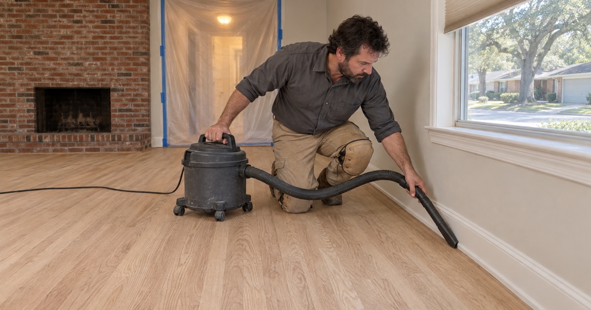 Worker vacuuming along the wall line of a freshly sanded oak floor in an occupied Hurst house, the containment still up and the family’s rooms sealed off.