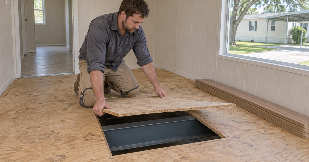 A Pecan Acres floor opened up to identify the substrate on site: a plywood deck bearing on steel chassis framing, not a slab.