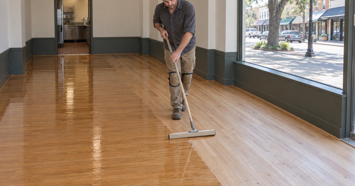 Finisher backing away from the wet edge as a commercial-duty coat goes down on the white oak floor of a Roanoke dining room off Oak Street.