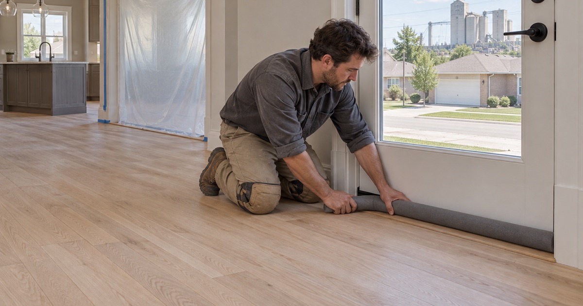 Finisher pressing a foam draft strip into the gap under an exterior door in a Saginaw house to seal the room before a coat goes down.