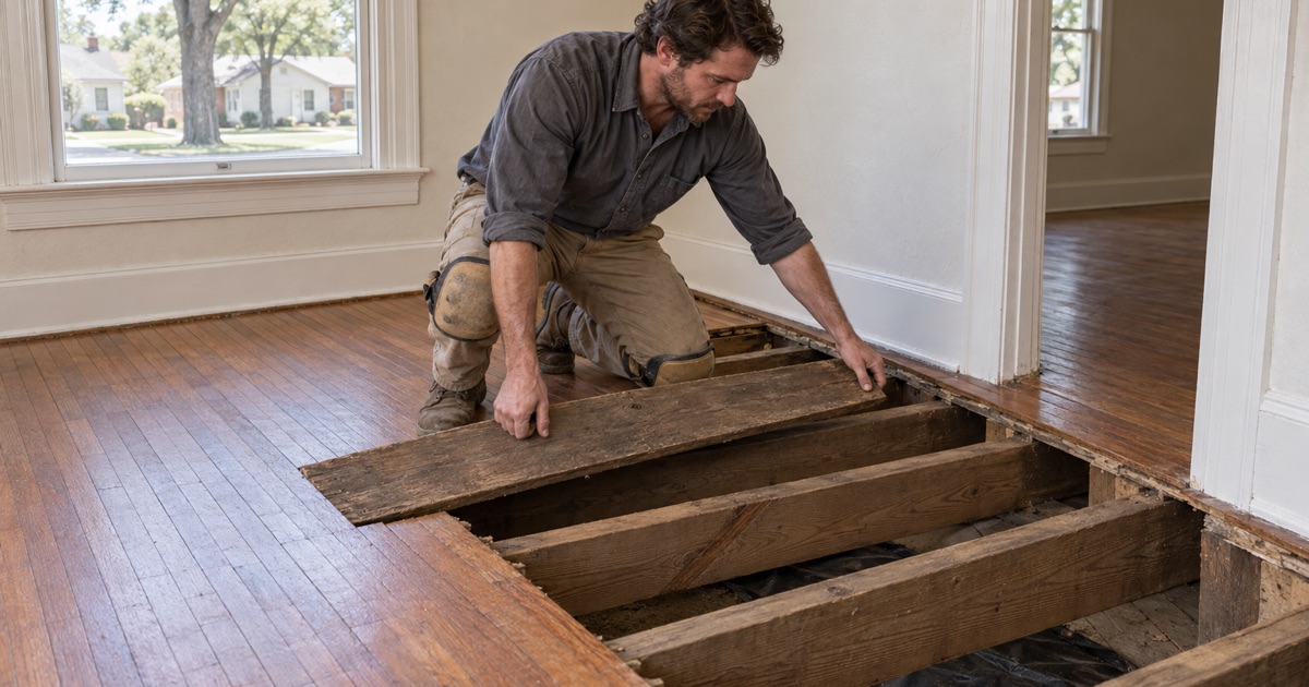 Worker lifting a plank subfloor board in a pre-1950 White Settlement worker house, the sawn timber joists and the ground vapor retarder open beneath it.